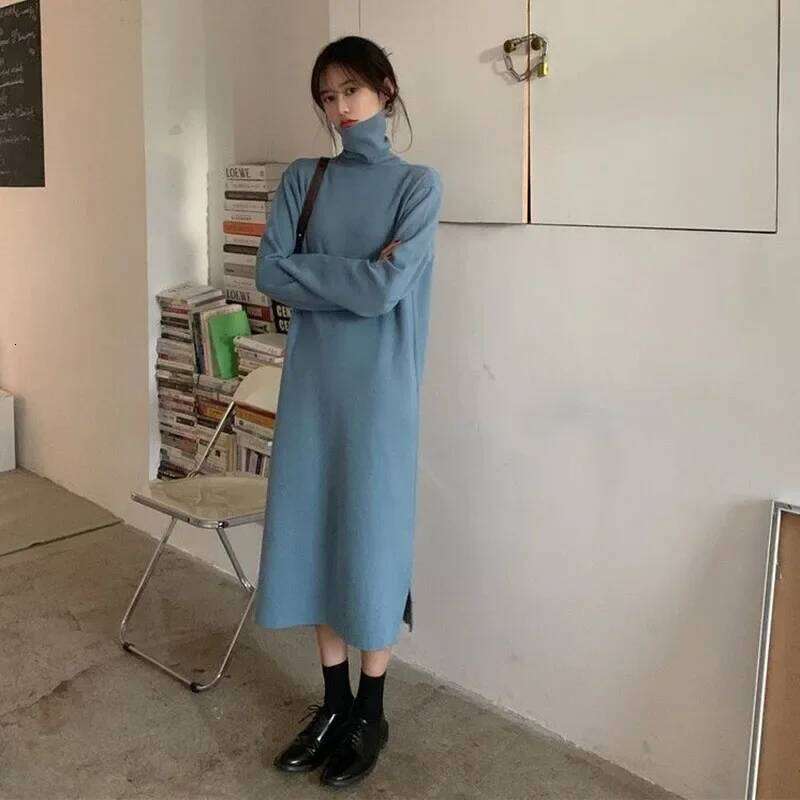 Smvp Fall Winter Turtleneck Women Basic Solid Casual Loose Long Sleeve Dresses Female Streetwear Side Split Dress Z260311