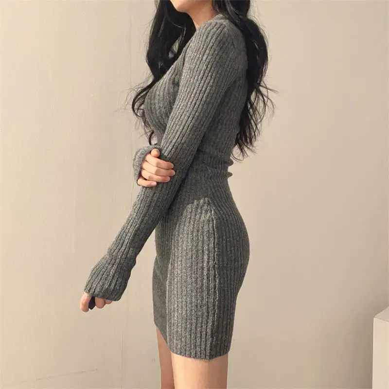 Fashion Korean Elegant Long Sleeve V-neck Dress Womens Autumn and Winter Sexy Spicy Girl Slim Mini Dresses Bodycon M260311