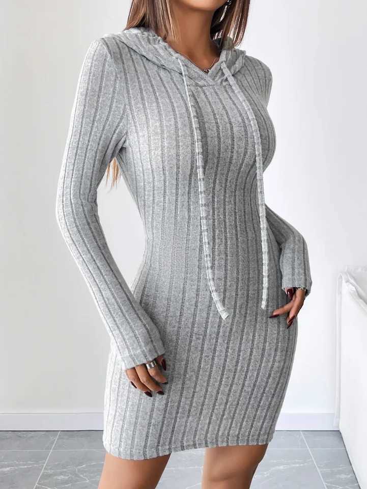 Trendy Ribbed Knitted Hooded Slim Fit Dress with Drawstring - Comfortable Casual Style for Women M260311