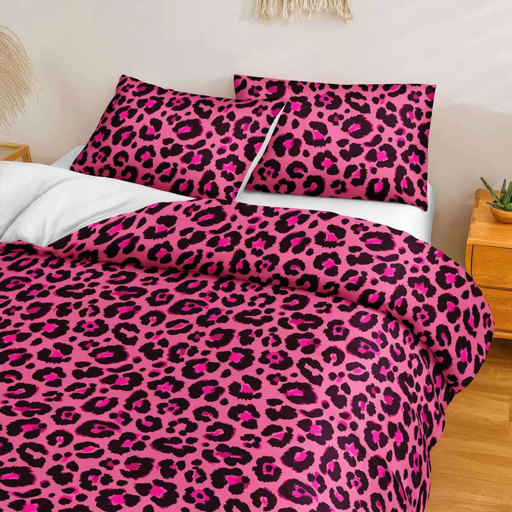 3pcs pink black leopard print Duvet set, fashionable and trendy three-piece bedding set,1*Duvet Cover + 2*Pillowcases H260311