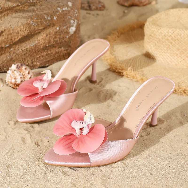 Flower Decoration High Heel Mules Women Fashion Pointed Open Toe Heeled Sandals Elegant Banquet Stiletto Shoes K260311