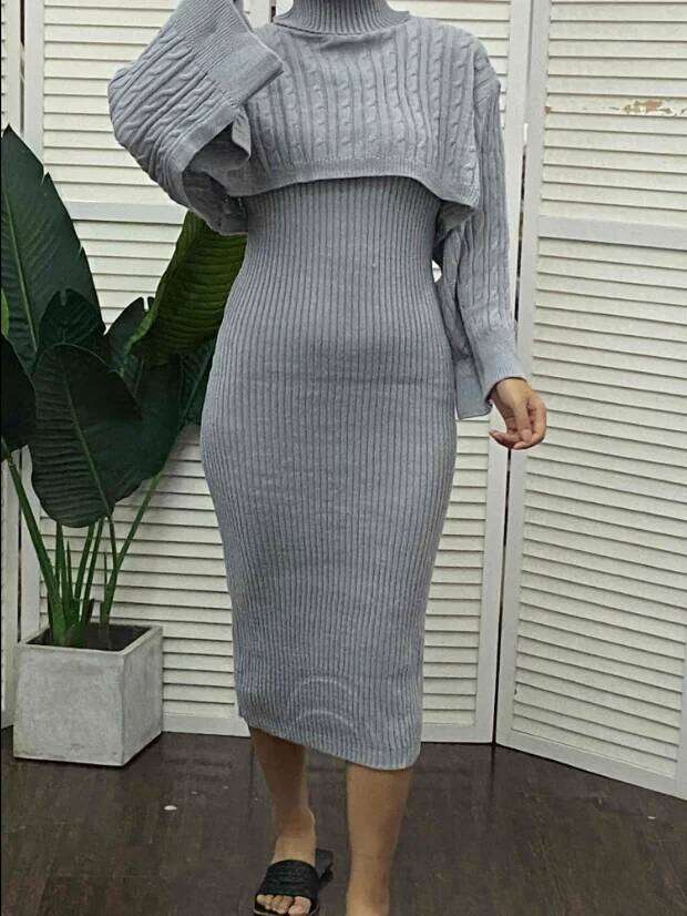 Women's Set Autumn Winter New 2025 Solid Turtleneck Ribbed Sweater & Knitted Strap Dress Sets Matching Outfit Z260311
