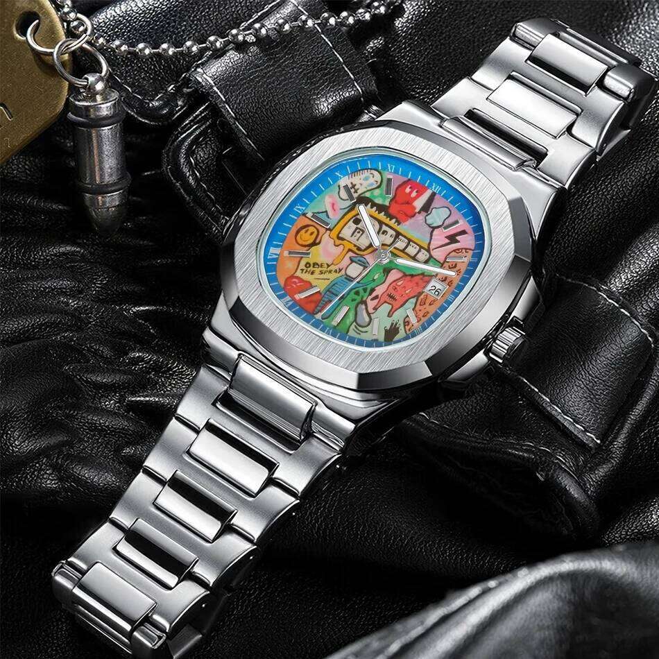 2025 New Square Men's Abstract Art Dial Trendy Retro Niche Luxury Gift Silver Black Gold Quartz Watch Street Style