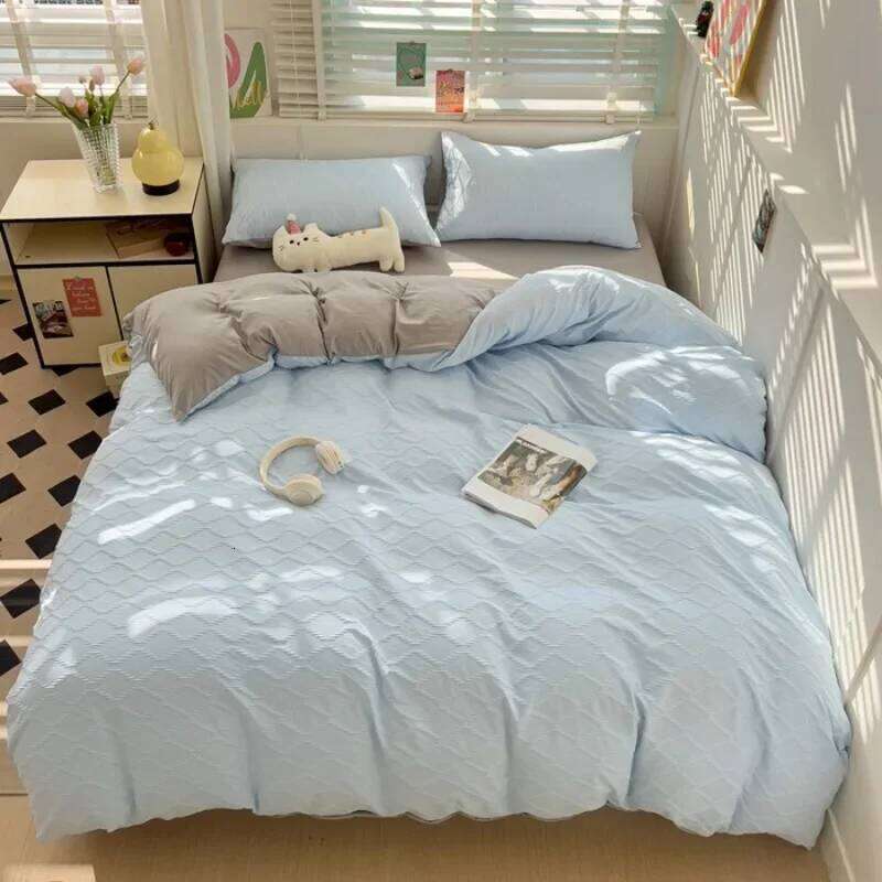 seersucker bed sheet four-piece set washed cotton skin-friendly and comfortable rhombus solid color quilt cover H260311