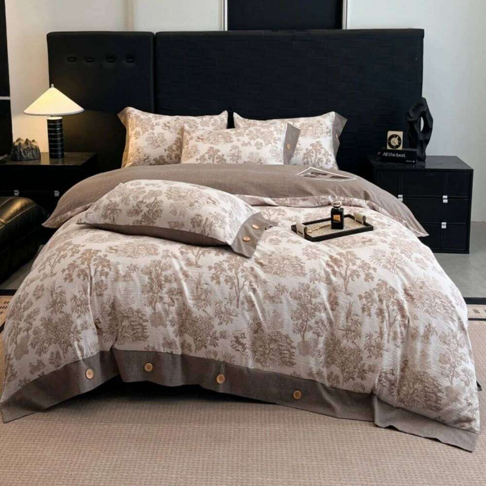 Plant Print A-Class Linen Bedding Button Four Piece Set Thicken Duvet Cover Bed Sheet Pillowcases Bedroom Decor Home Textile H260311 - view 3