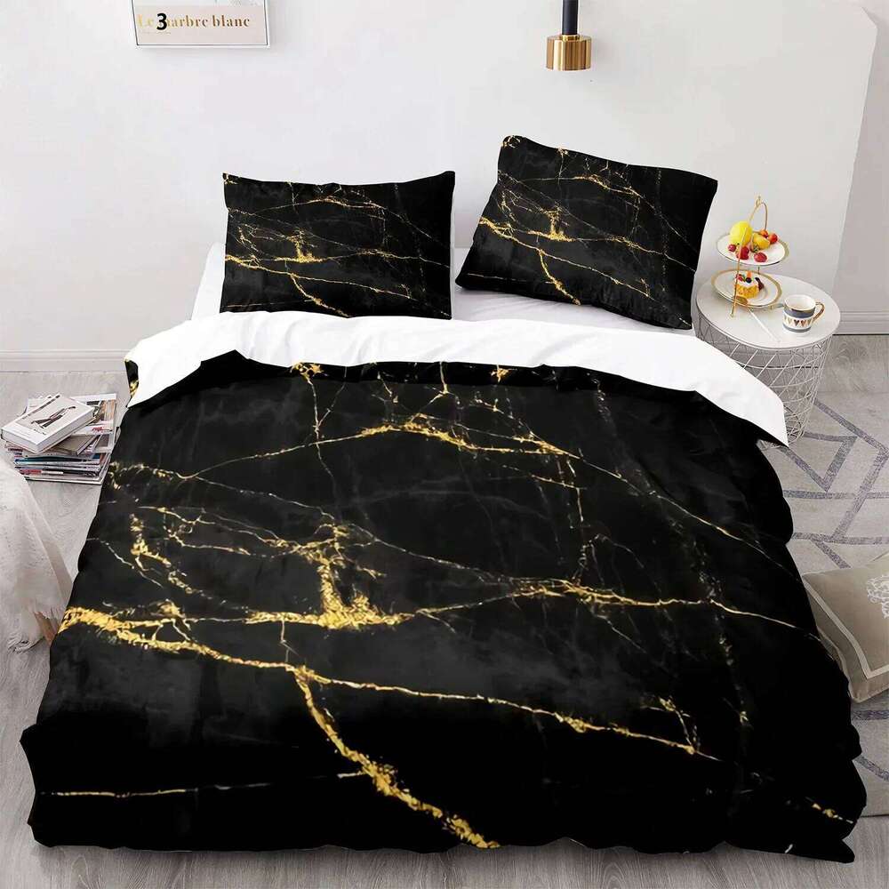 Black Gold Metallic Marble Duvet Cover Queen/King/Full/Twin Size Foil Print Glitter Bedding Set for Teen Boy Girls Men Women H260311