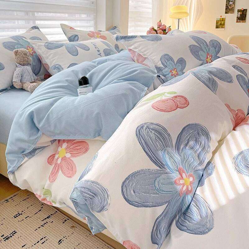 Class A Thickened and Ground Four-piece Small Fresh Washed Cotton Quilt Cover Bed Sheet Pillowcase Dormitory Three-piece Set H260311