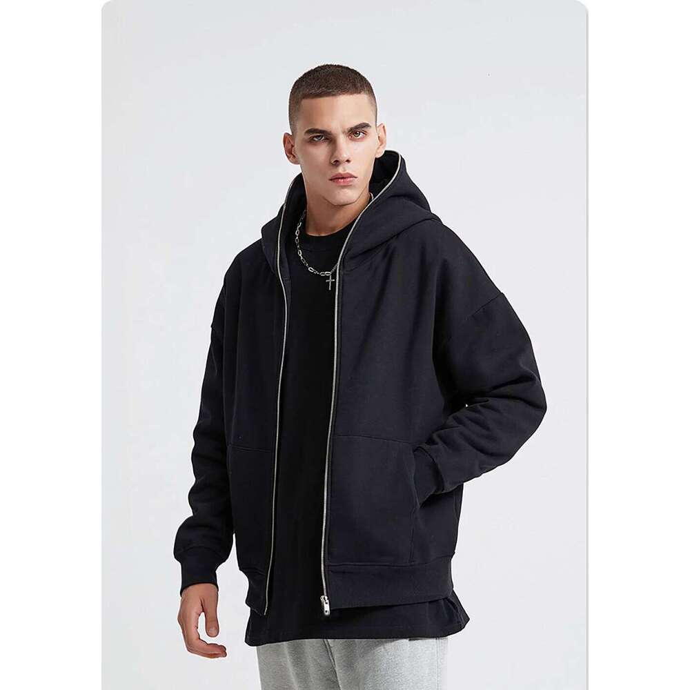 Harajuku Sweatshirts Men Zip Up Hoodies Jacket Retro Long Sleeve Oversized Black Hooded Sweatshirt Coats 26H0311