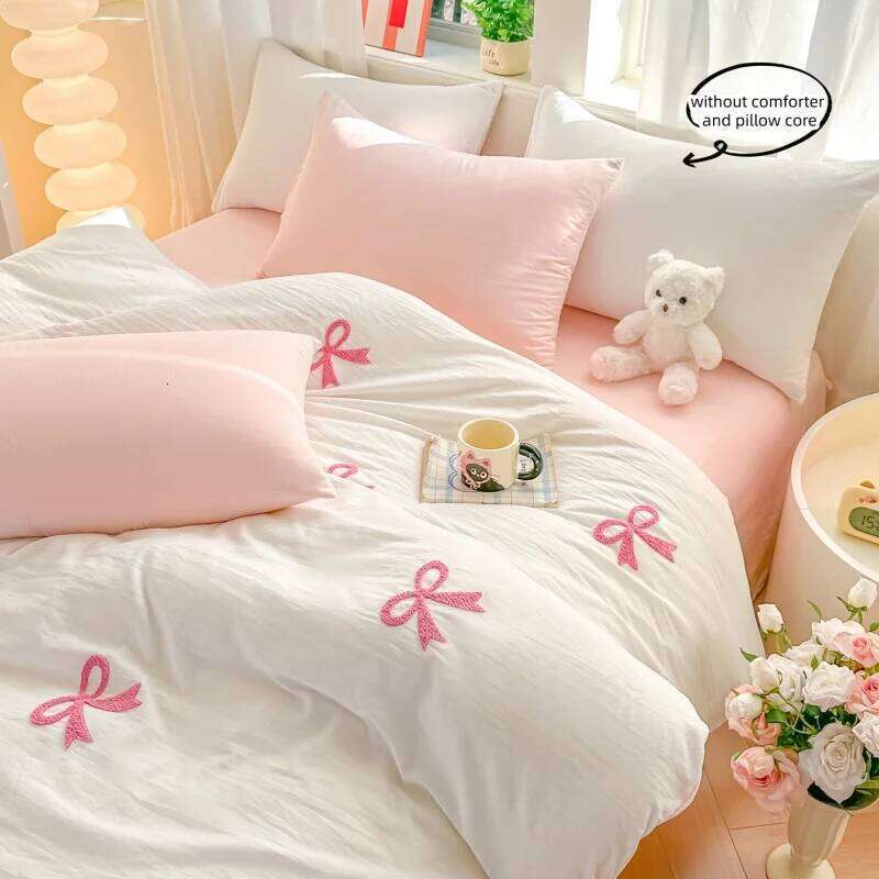 3 Piece Sheet Pink Bowknot Embroidery Duvet Cover Set, Comfortable Bedding Set Bedspread for All Seasons H260311