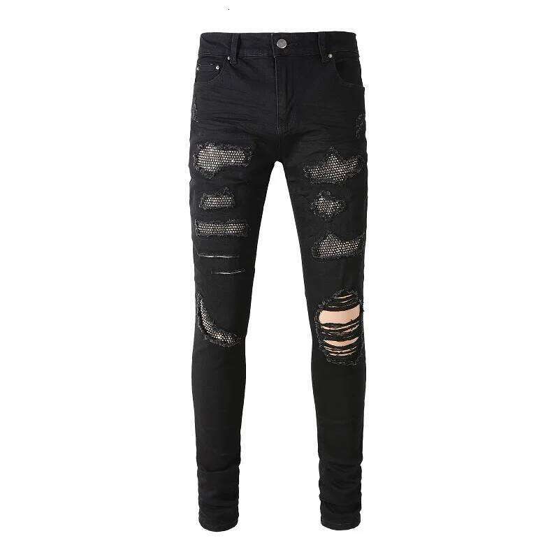 Men Crystal Stretch Denim Jeans Holes Ripped Black Cotton Pants Streetwear Skinny Tapered Trousers Z260225