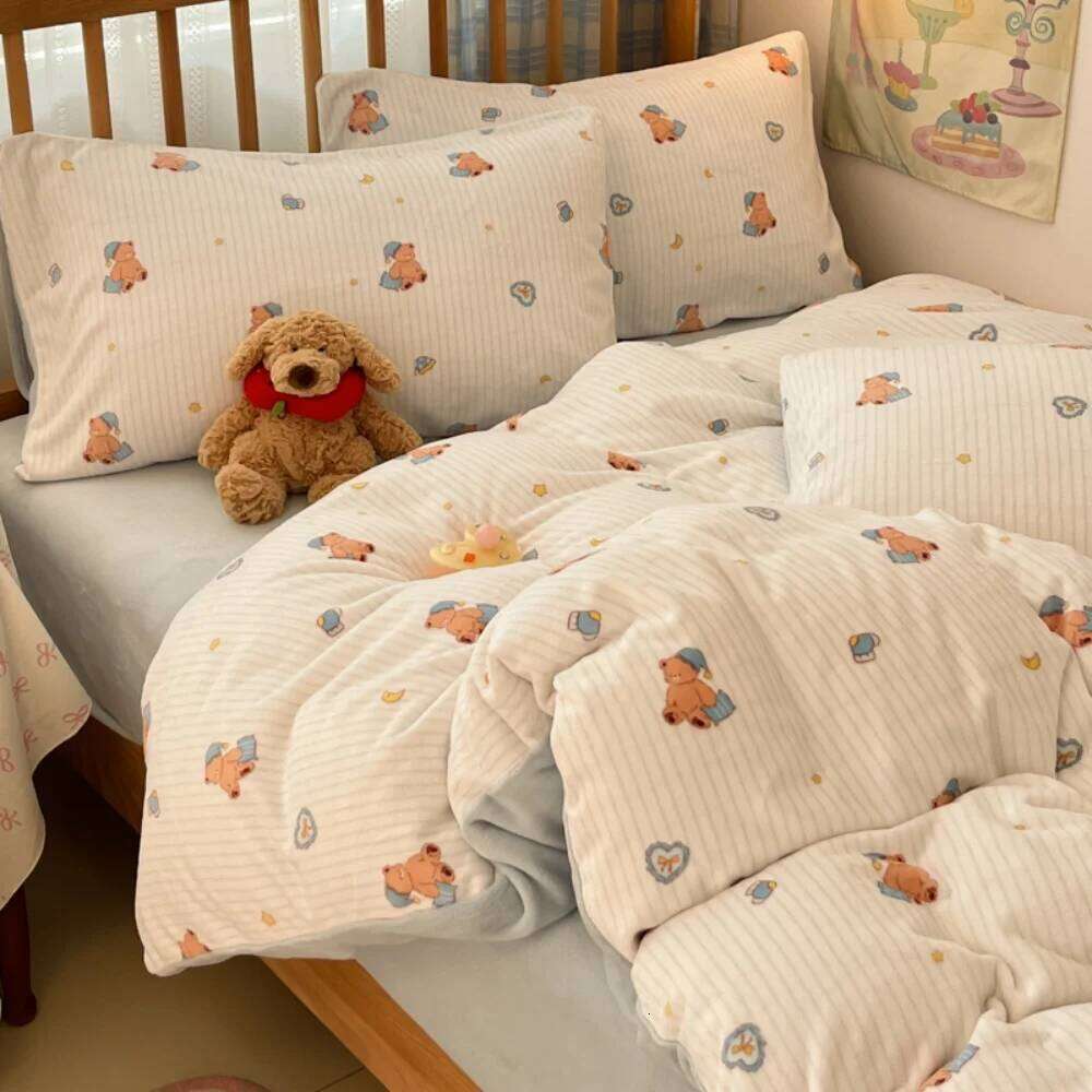 Printed Thicken Milk Coral Fleece Bedding Winter Comfort Warm Bedroom Decor Quilt Cover Bed Sheet Pillowcase Four-Piece Set H260311
