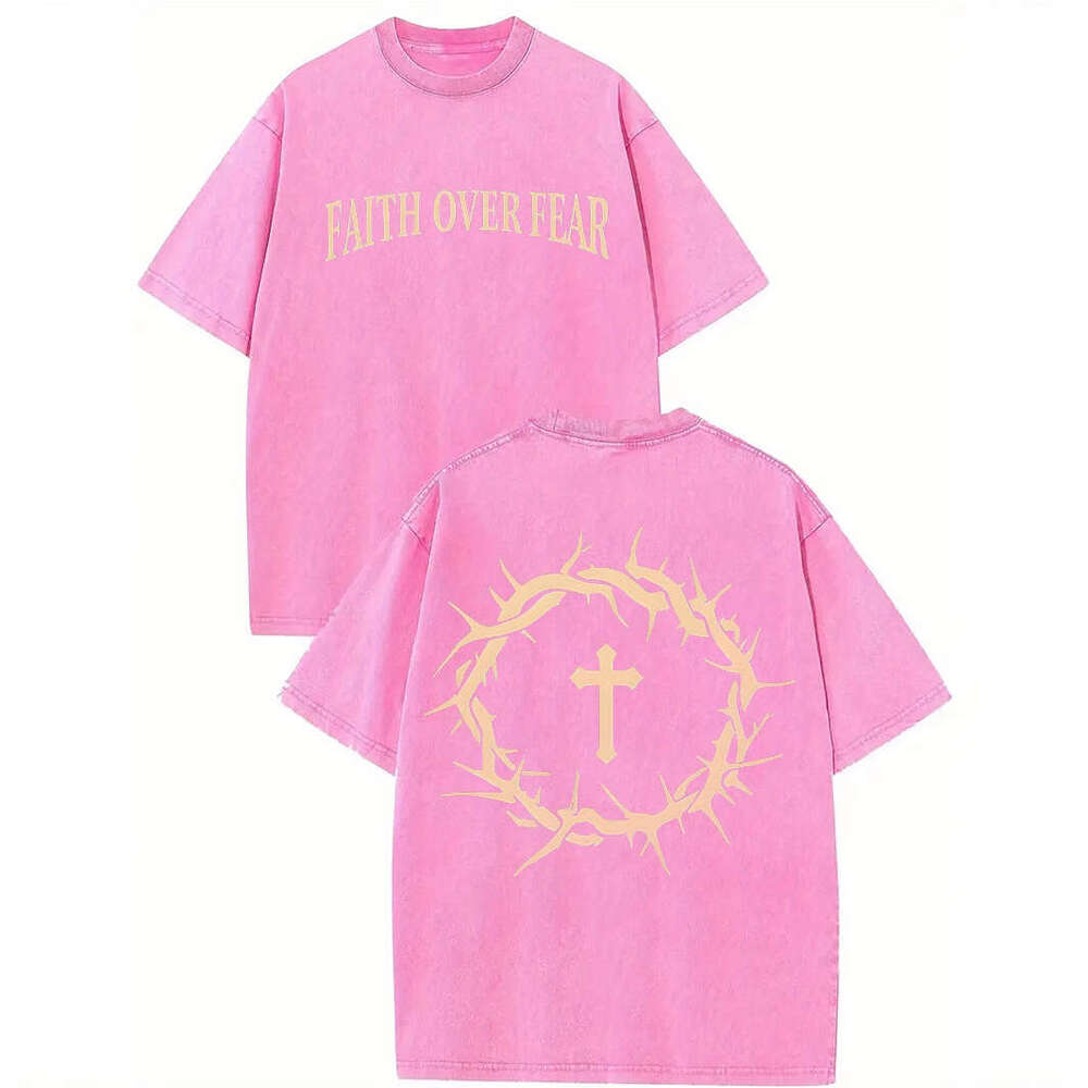 Washed Vintage Cotton T-Shirt Crown of Thorns &Cross Print Faith Over Fear Slogan Trendy Men's American Street Over sized Short Sleeve