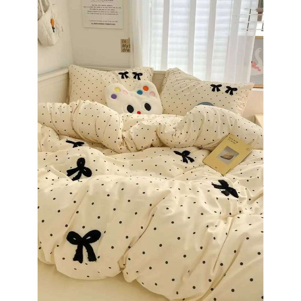 Ins Style Girl Blue 1.5m/1.8m Fitted Bow Towel Bedding Embroidery Washed Cotton Four-piece Set Bed Sheet Three-piece H260311