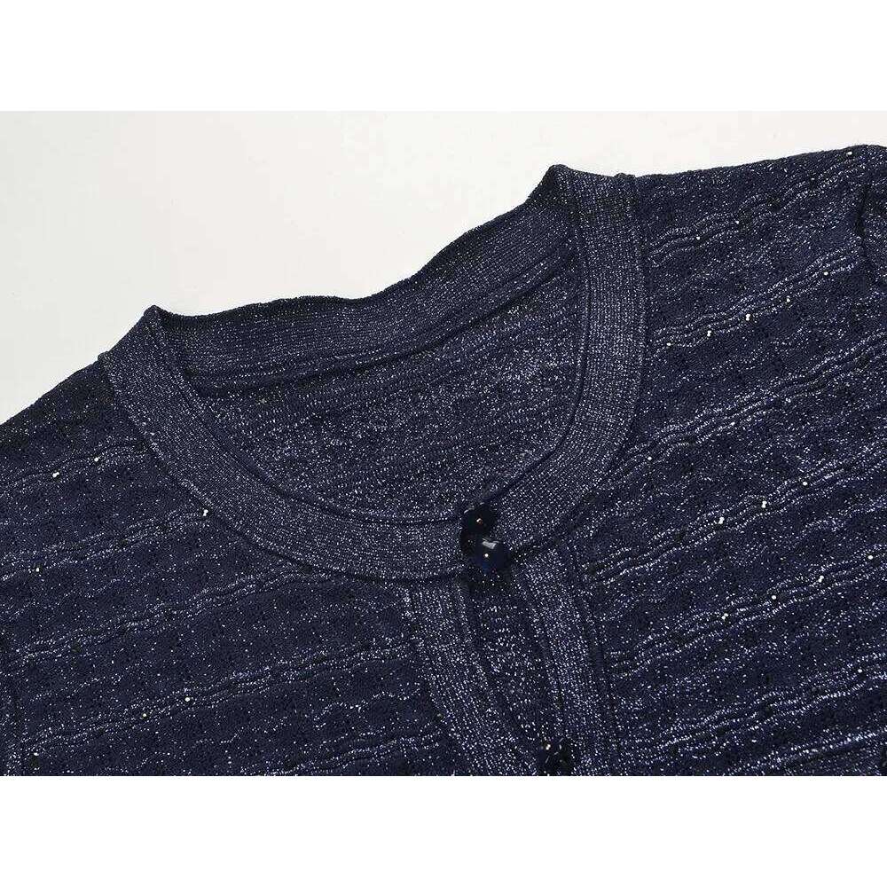 Long Waist-Cinching Sequin Dress Elegant French Style 2026 New Navy Blue Fit Dresses Women Party Round Neck Short-Sleeved Gown Mdng260311