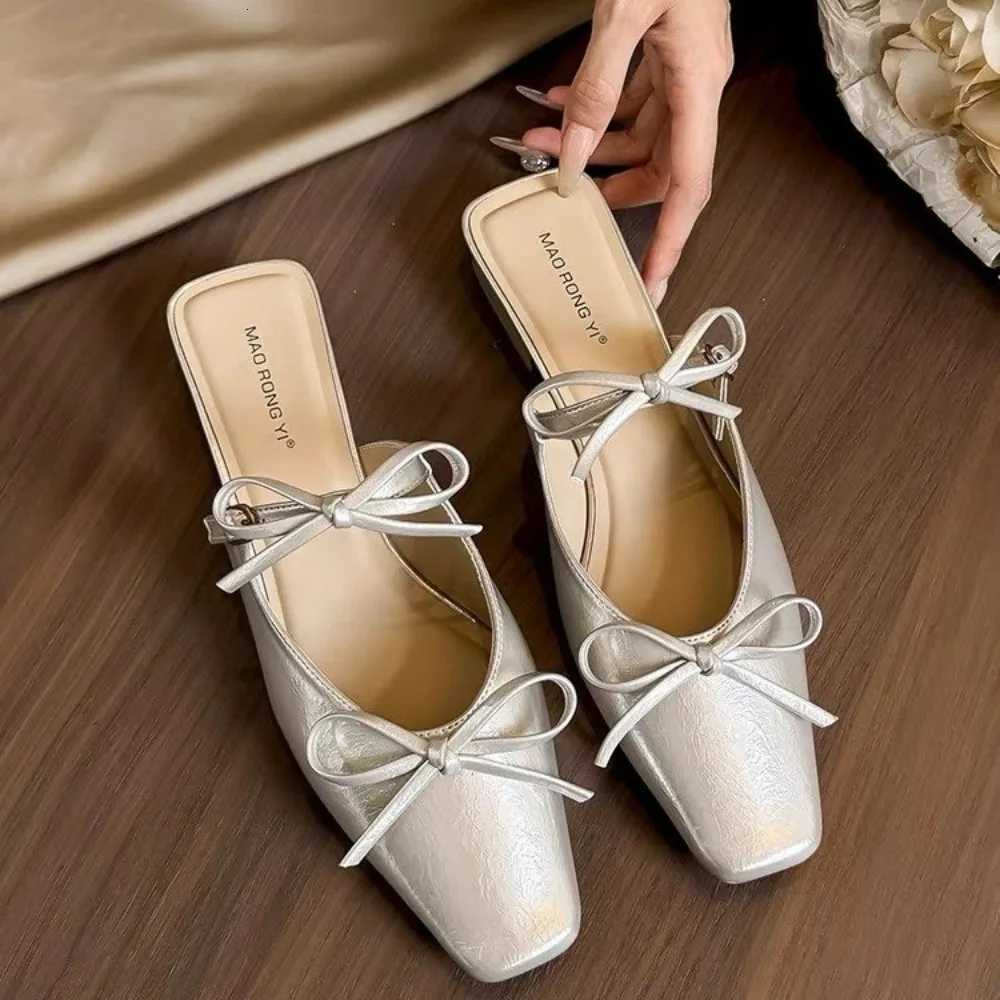 Summer and Autumn New Fashion Korean Version Half-drag Bow Ballet Shoes Small Man Satin Face One-word with Wrap Toe Single Shoes K260311
