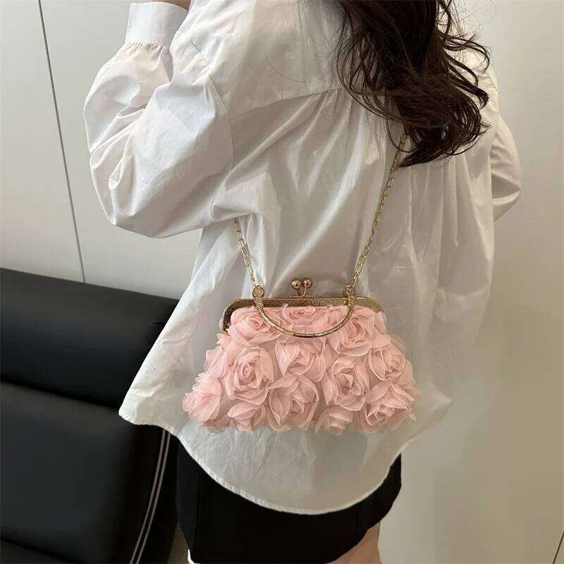 Chiffon Rose Flower Shoulder Evening Bags for Women Luxury Ladies Chain Crossbody Bag Solid Color Female Clutch Handbags Purse XJ260311
