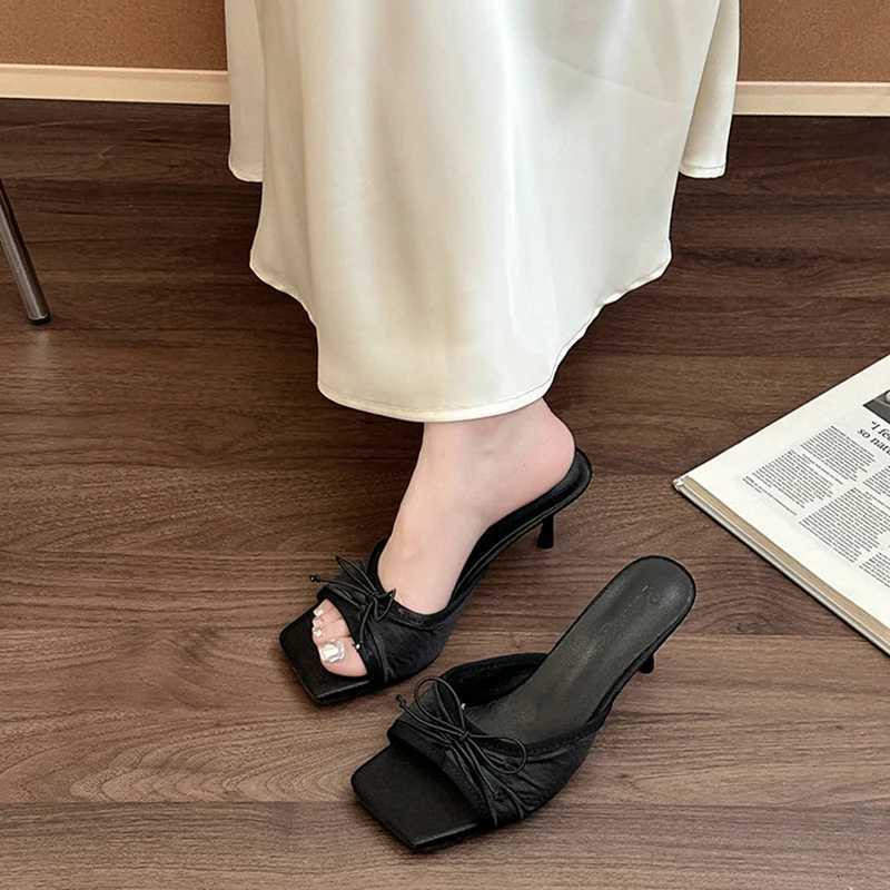 Summer Floral High Heels Women Fashion Square Toe Slip On Shoes Ladies Outdoor Party Dress Slides K260311