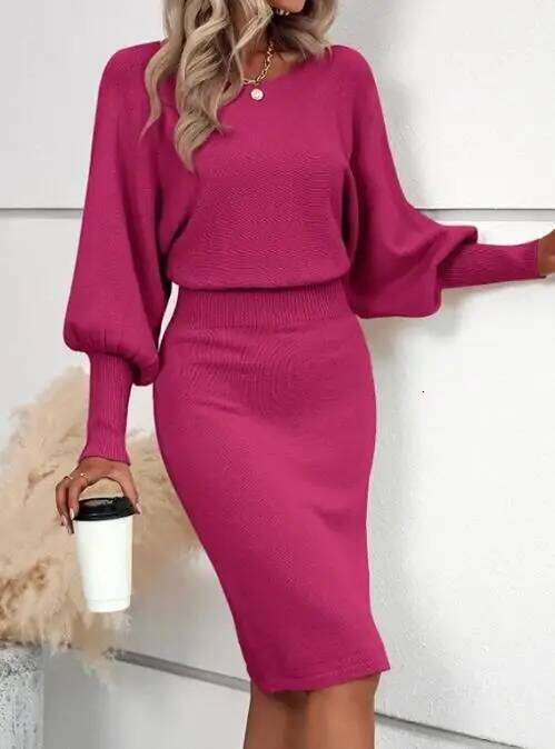 2025 Autumn Winter Women's Knitted Woolen Dress with Long Sleeved Sexy Solid Color Waist Cinching Slimming Hip Hugging Skirt Z260311