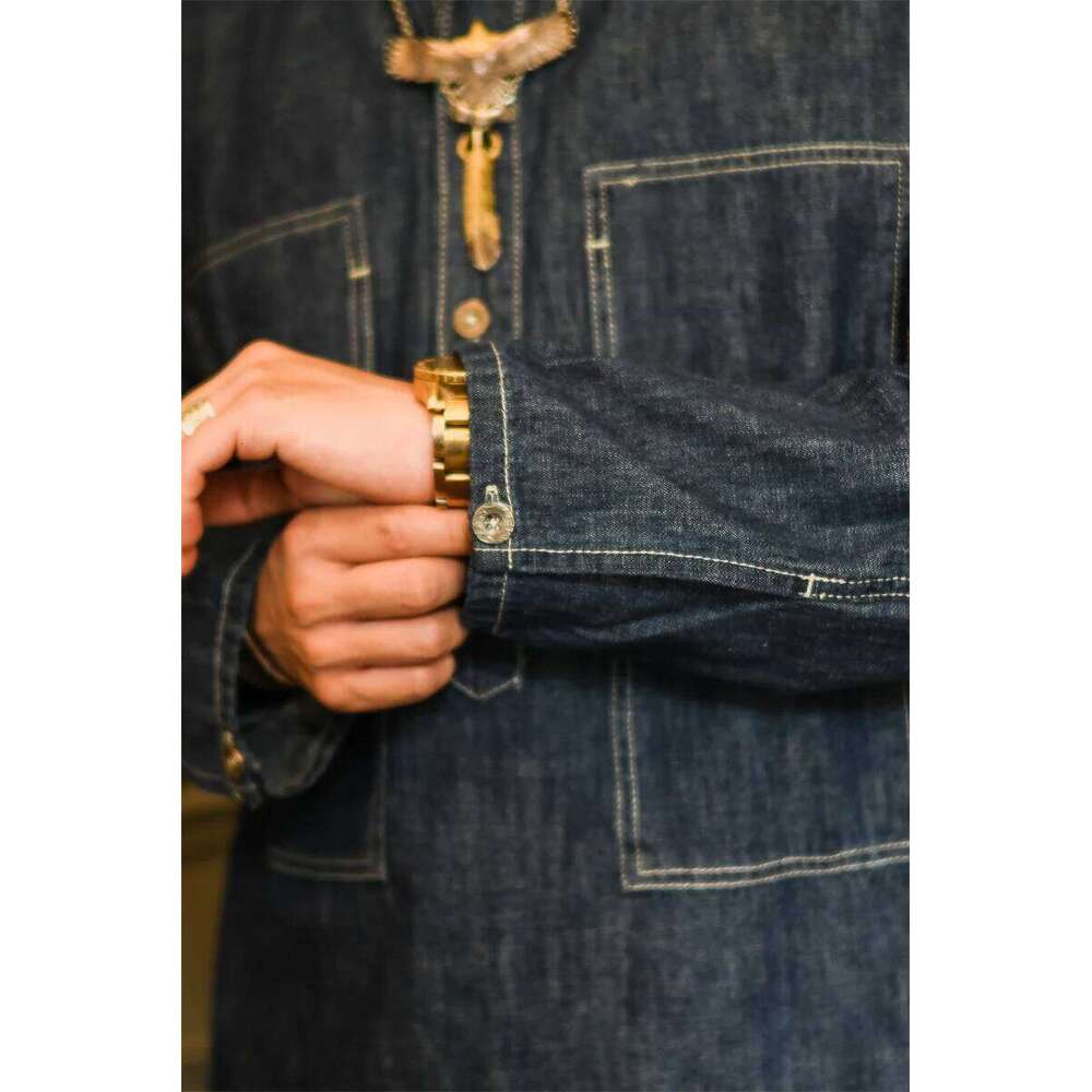 1920s Vintage US Army Spring Summer Blue Denim Work Uniforms Loose Pullover Shirt Jacket 26H0311