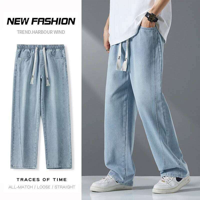 Streetwear Fashion Baggy Jeans Men Vintage Washed Straight Elastic Waist Wide-leg Pants Youth Trendy Y2k Casual Denim Trousers Z260225