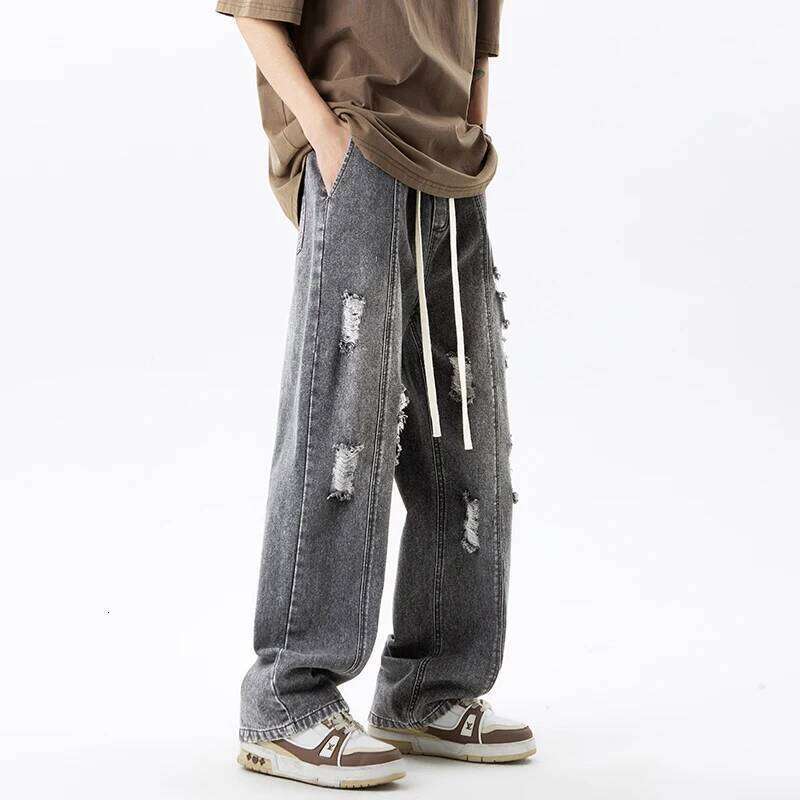 Harajuku Ripped Jeans Men's Streetwear Loose Straight Vintage Y2k Pants Drawstring Casual Hole Personality Denim Trousers Z260225