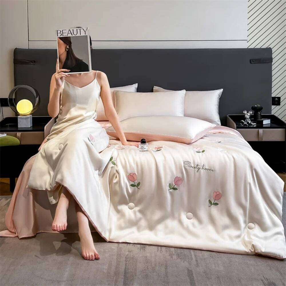 Cool Ice Silk Summer Four-Piece Sets Embroidery Thin Quilt Bed Sheet With Pillowcases Air Conditioning Bedding Set H260311 - view 3