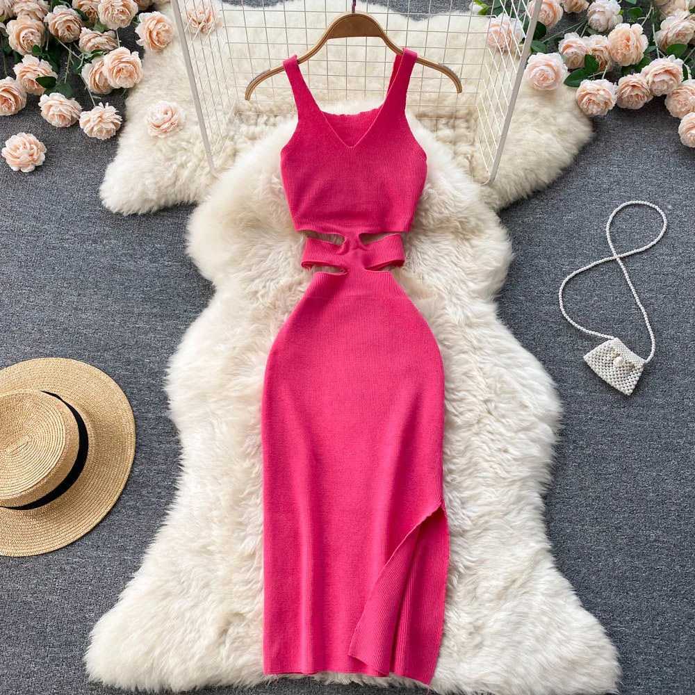 YuooMuoo Women Dress Sexy Cut Out Waist Package Hips Split Bodycon Dress Summer Fashion Lady Knitted Party Vestidos Sundress M260311