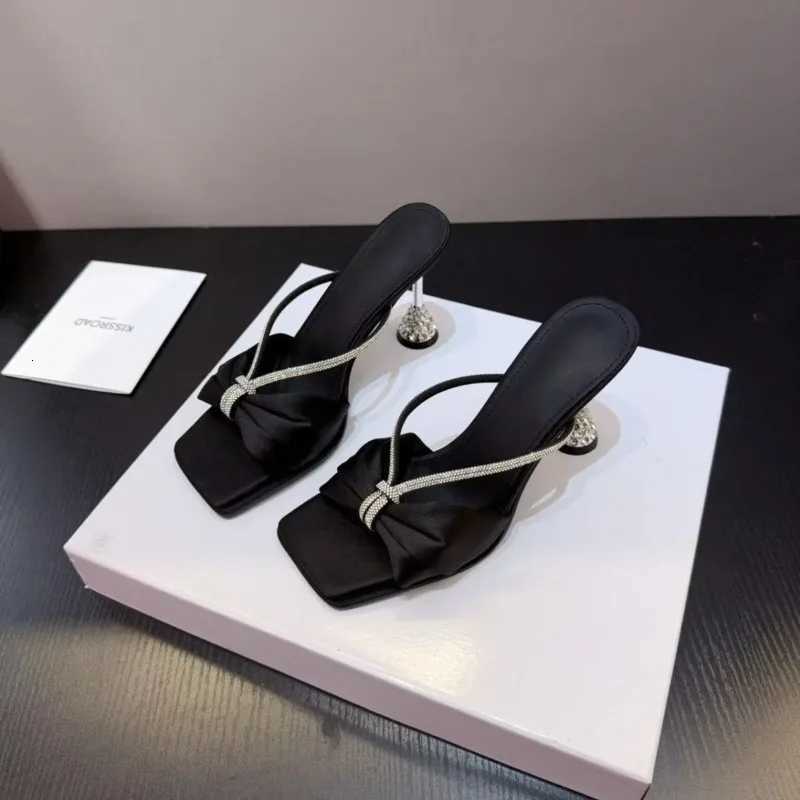Satin Heeled Womens Shoes Summer New Square Toe Open Toe Bow Rhinestone Anti-slip Wear-resistant Outer Wear K260311
