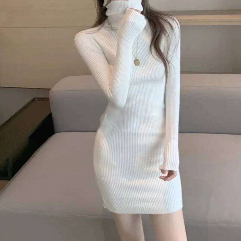 Women Sexy Turtleneck Bodycon Soft Long Sleeve Knit Solid Office Pullover Elegant Fashion New Dress Z260311