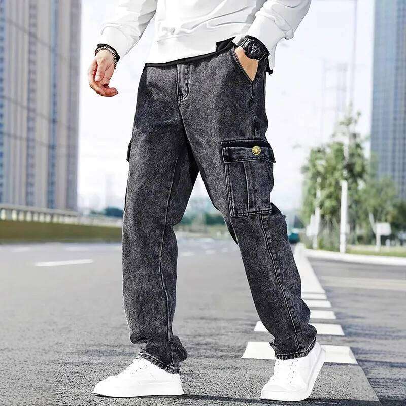 Korean Casual Comfortable Loose Fitting For Men Large Pocket Jeans Seasons Straight Leg Work Pants Z260225