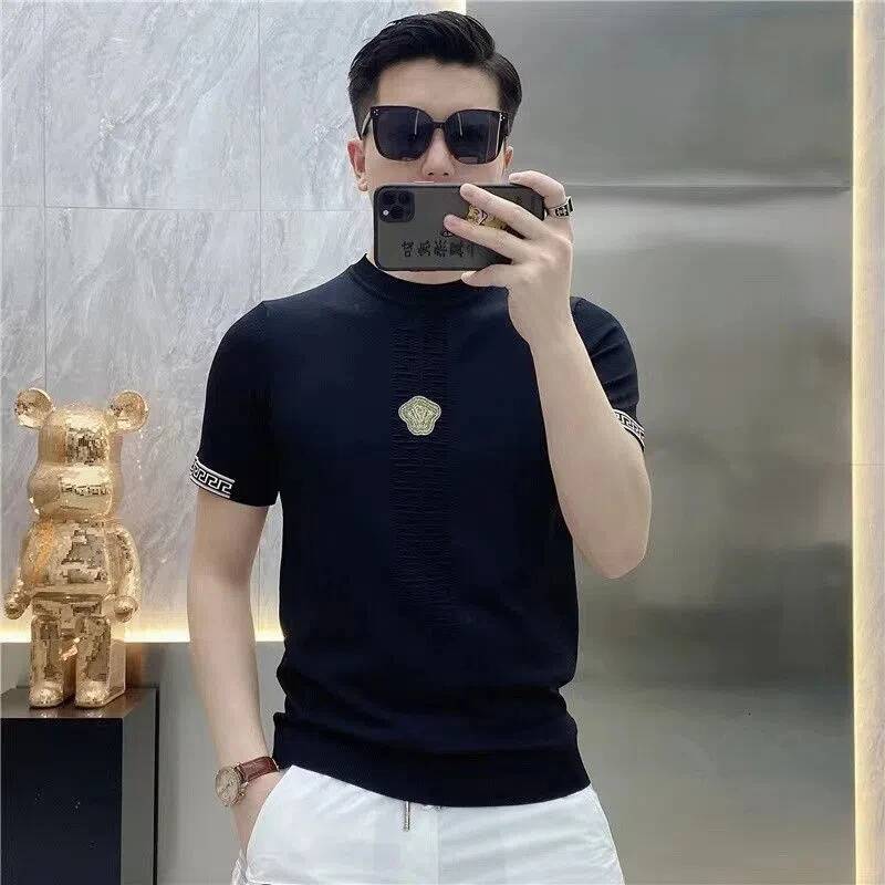 Summer New Men's Ice Silk Short Sleeve Casual Trendy Brand Thin Breathable Round Neck Embroidered Knitted T-shirt