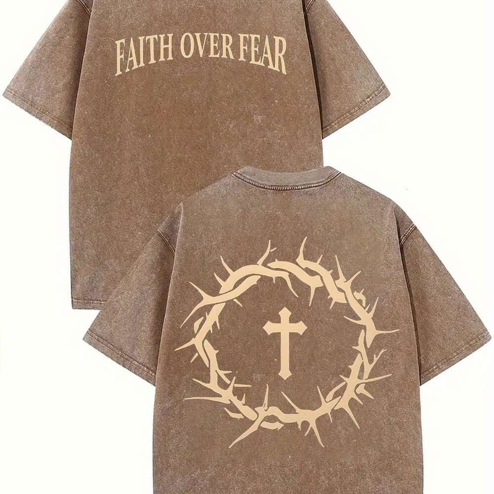 Washed Vintage Cotton T-Shirt Crown of Thorns &Cross Print Faith Over Fear Slogan Trendy Men's American Street Over sized Short Sleeve