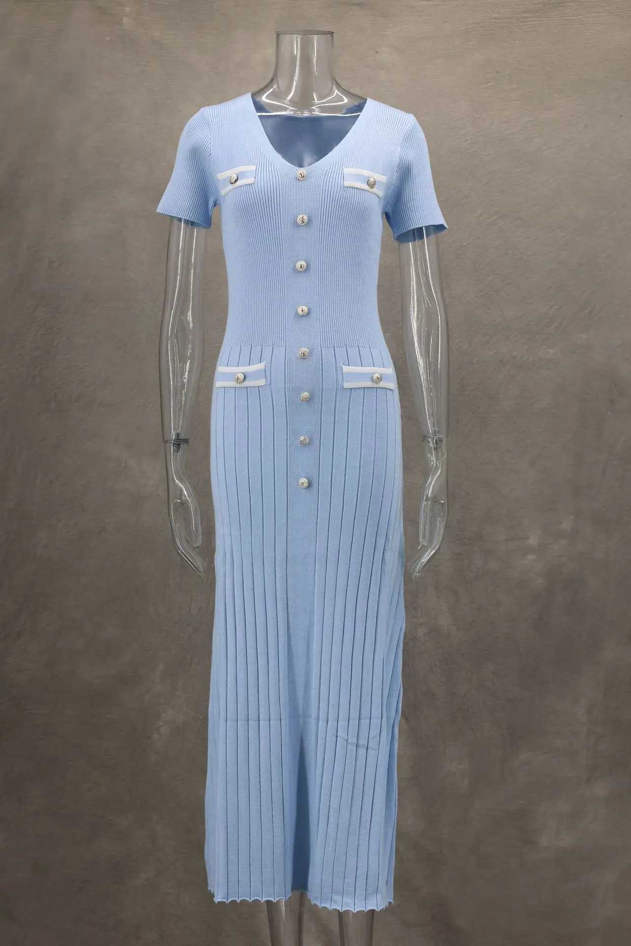 2024 Summer Women Elegant Knitted Long Dress Fashion V-neck Single Breast Sweater Maxi Vetsidos for Women Bodycon Streetwear M260311