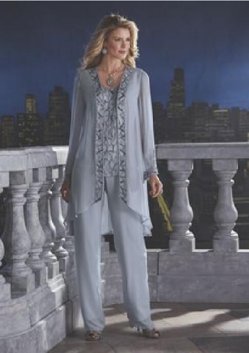 2026 Mother of the Bride Suits Pant Suit Three Pieces Chiffon Dresses Long Sleeve Beads Wedding Guest Gowns