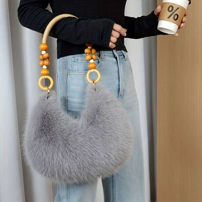 Women's Handbag, Plush Faux Tote Purse with Bead Accented Strap, Zipper Closure Elegant Handbags Shoulder Bags for Everyday XJ260311