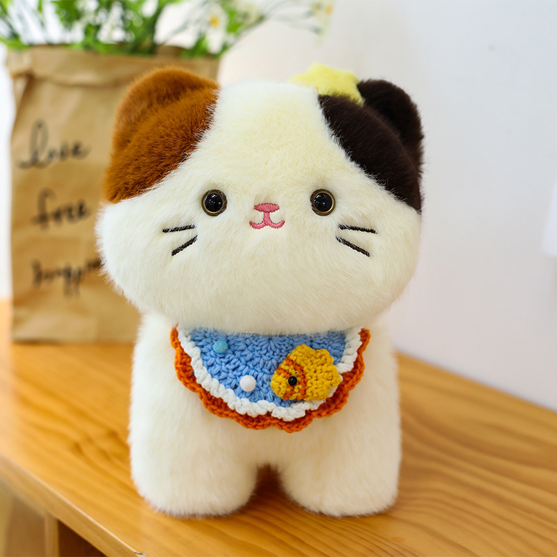 Internet celebrity cartoon three flower cat doll doll bib hat kitten plush toy doll birthday gift wholesale