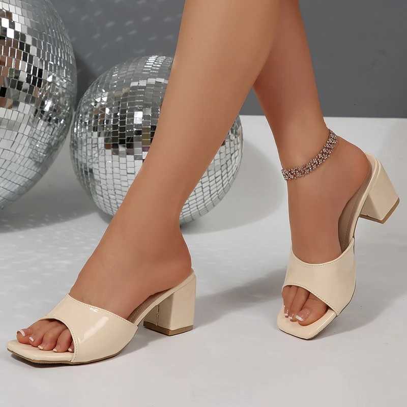 Patent Leather Black High Heels Sandals Women 2026 Summer Heeled Mule Slippers Woman Plus Size 43 Party Shoes K260311