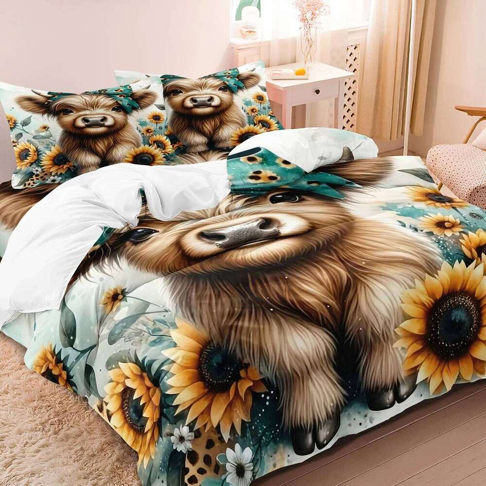 3pcs Highland Cow Pattern Set Fabric With Digital Animal Print 1 Duvet Cover And 2 Pillowcases No Quilt H260311