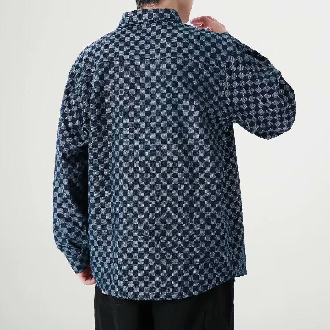 Luxury Brand Designer Clothes American Retro Plaid Denim Jacket For Men, Spring And Autumn Trendy Plus Size Loose Fit Stylish Workwear Shirt Jacket