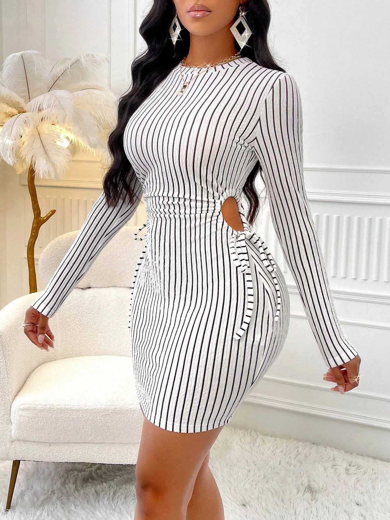 Womens Striped Knit Long Sleeve Dress Waist Cut Out Tie Design Slim Fit Elegant Fall Winter Fashion Moderate Fabric Thickn M260311
