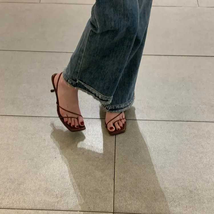 2025 New Genuine Leather Square Toe Pinch Sandals Fashion High Heel Women Womens Sandals K260311