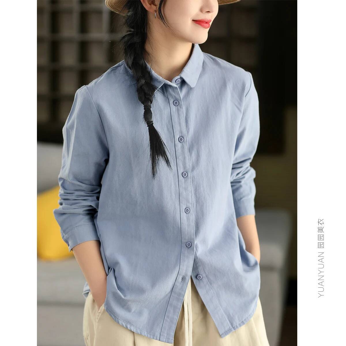 Retro Pure Cotton Long Sve irt Women's Spring Sle Loose Fit Color Casual Top Breathable Comfortable Skin-Friendly