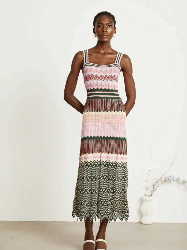 Luxury Brand Design Knitted Zigzag High Elasticity Color Sleeveless Long Maxi Dress Women Arab Africa Popular Boho Lady Skirt X260310