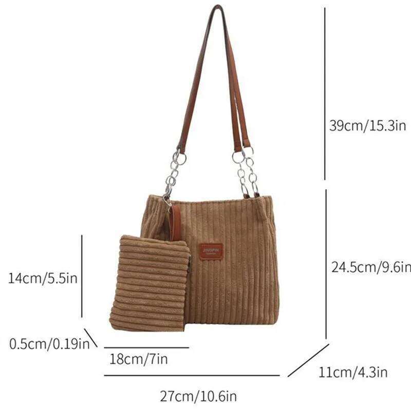 Corduroy Handbag Shoulder Casual Large Capacity Tote Bag with Mini Pouch, Versatile Underarm Bags for Daily Commute Outfits XJ260311