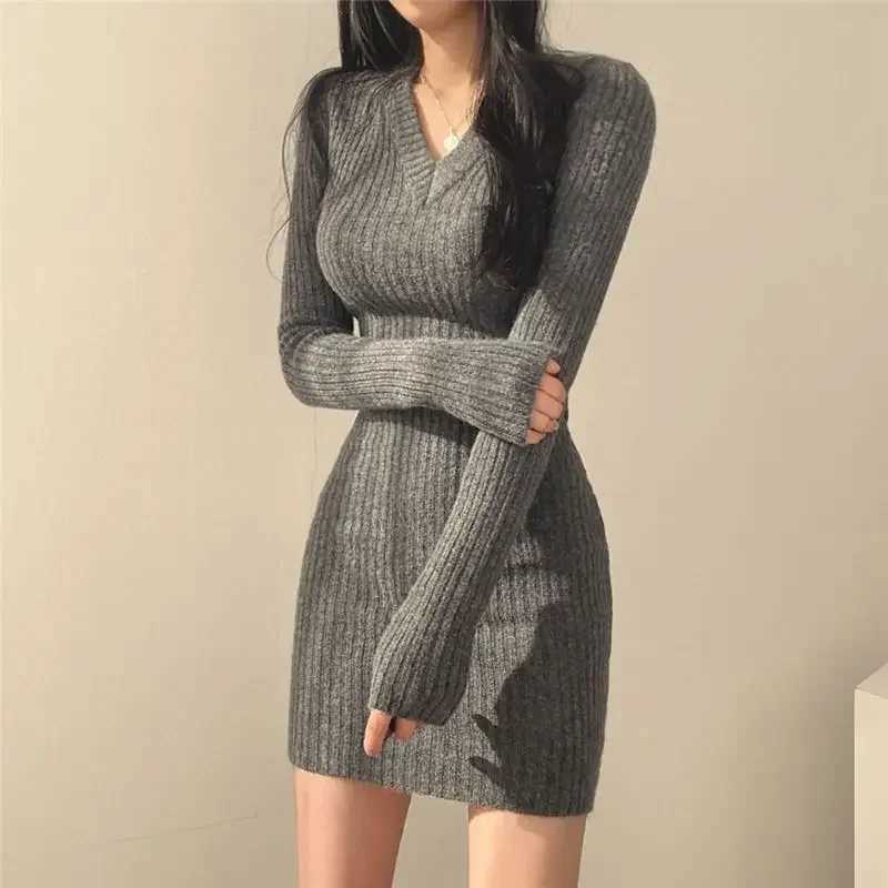 2025 Autumn WinterWomen Knit Slim Sexy Bodycon Dress V-Neck Long Sleeve Dress Solid Casual Midi Sweater Dress for Women M260311