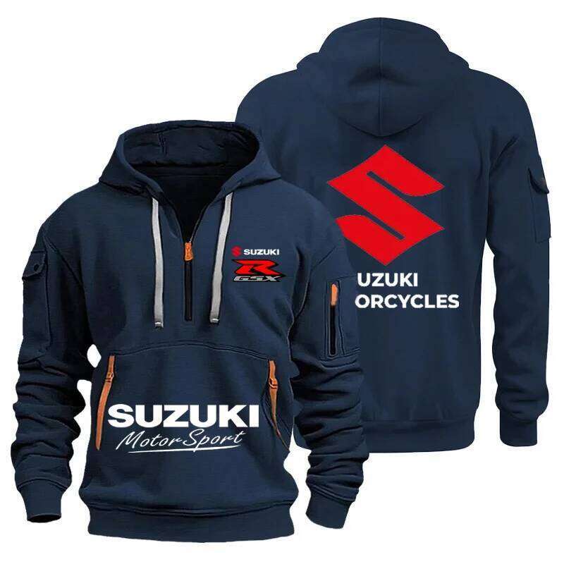 New Suzuki high-quality men's autumn/winter hoodie, outdoor motorcycle sweatshirt, half-zip design, multi-pocket hoodie C260311