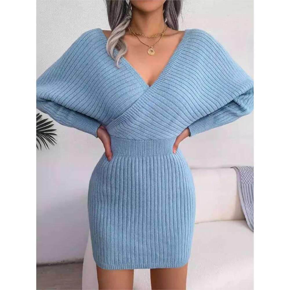 Women Knitted Sexy Cross V-neck Bat Sleeve Hip Pack Dress Autumn Nightclub Female Waist Hugging Short Bottom Sweater Skirt Z260311
