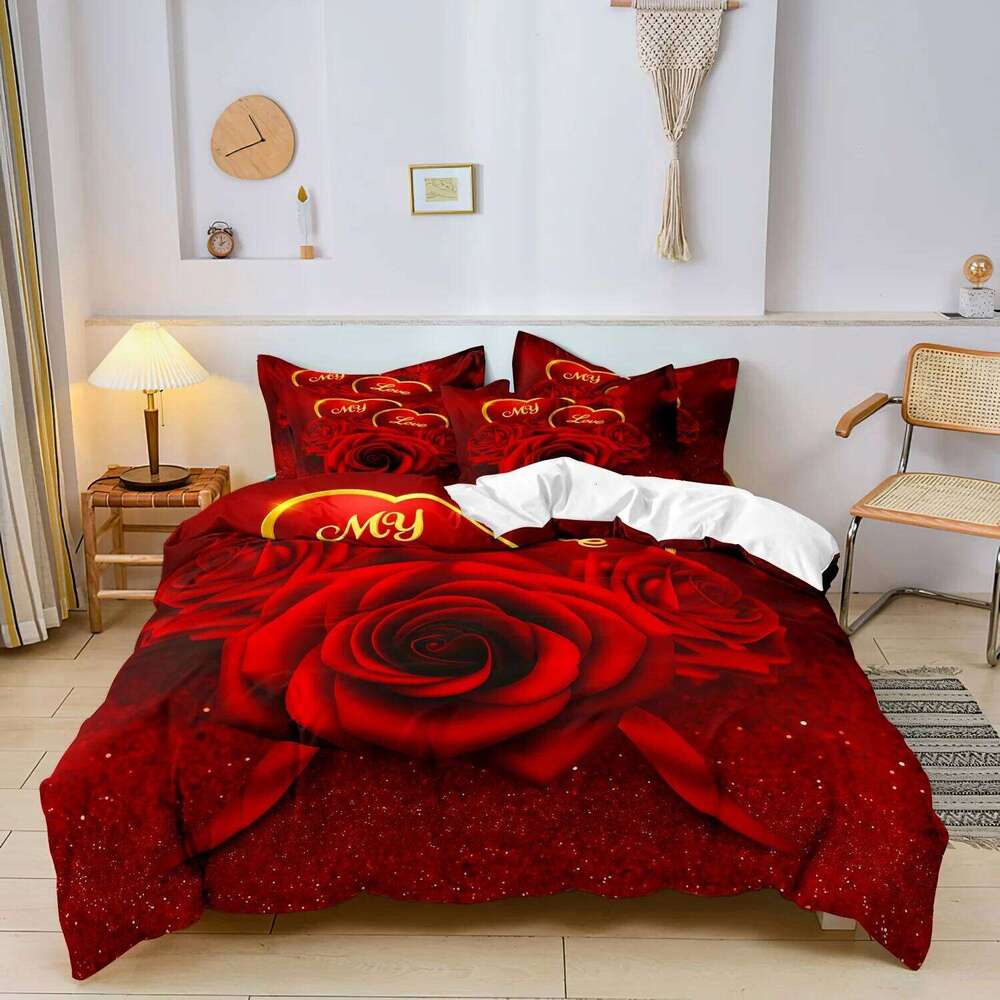 3pcs Romantic Red Rose Love Floral Set Christmas Valentine'S Day Gifts1 Duvet Cover And 2 Pillowcases H260311