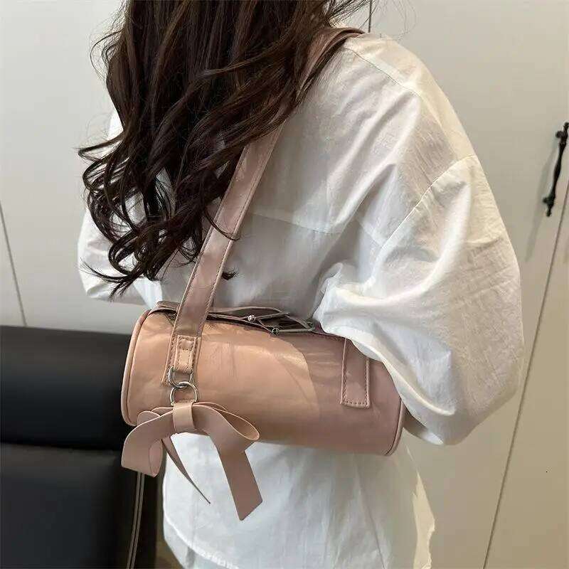 Trendy Cool Bowknot Tubular Cylindrical PU Shoulder Girly Handbag Armpit Bag Women Fashion Design Sense Commuter Bags Gifts XJ260311