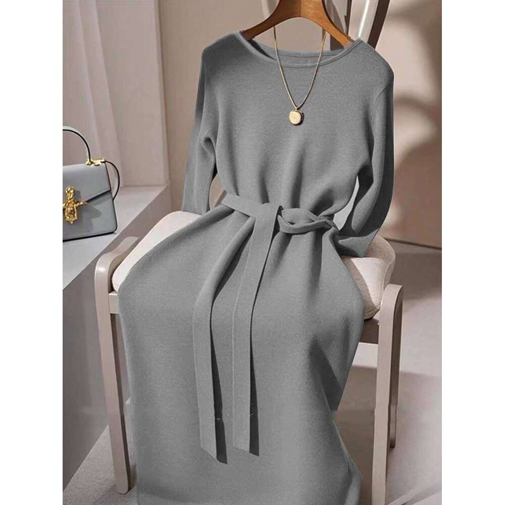 Autumn winter cross-border European and American elegant style long sleeved dress, foreign trade belt, solid color knitted A Z260311